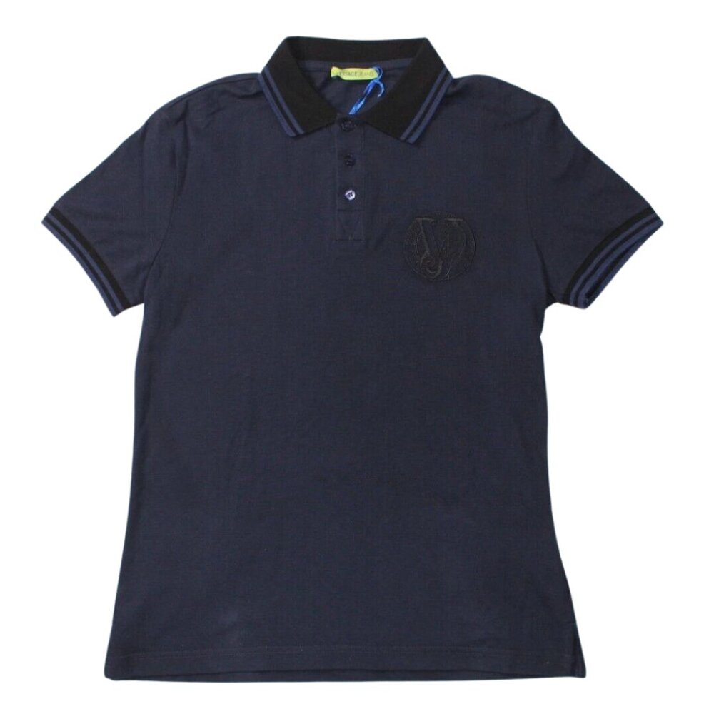 NWT VERSACE JEANS MENS POLO SHIRT NAVY BLACK EMBROIDERED CIRCLE LOGO IT 48 US Sm